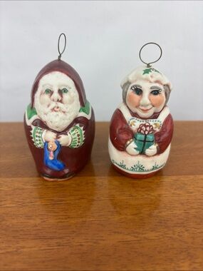 Vintage Salamander pottery signed Santa and Mrs. Clause ceramic bell ornaments